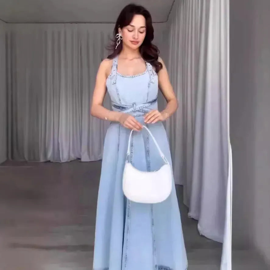Sexy Denim Tied Spaghetti-strap Dress - EX-STOCK CANADA
