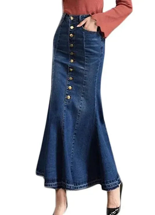 New Fashion Fitted Button up Mermaid Midi Denim Skirt - EX-STOCK CANADA