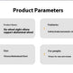 A product information graphic titled 'Product Parameters' on a white background, with four rounded gray boxes listing product name, features, use, and target people.