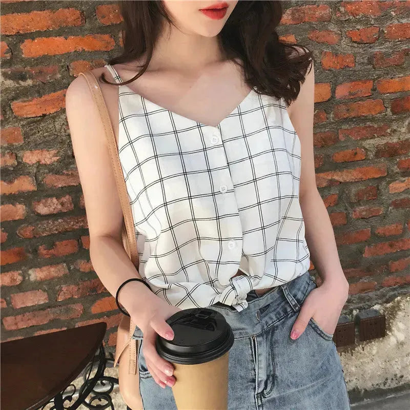 Casual sleeveless button down Chiffon  blouse top for women - EX-STOCK CANADA