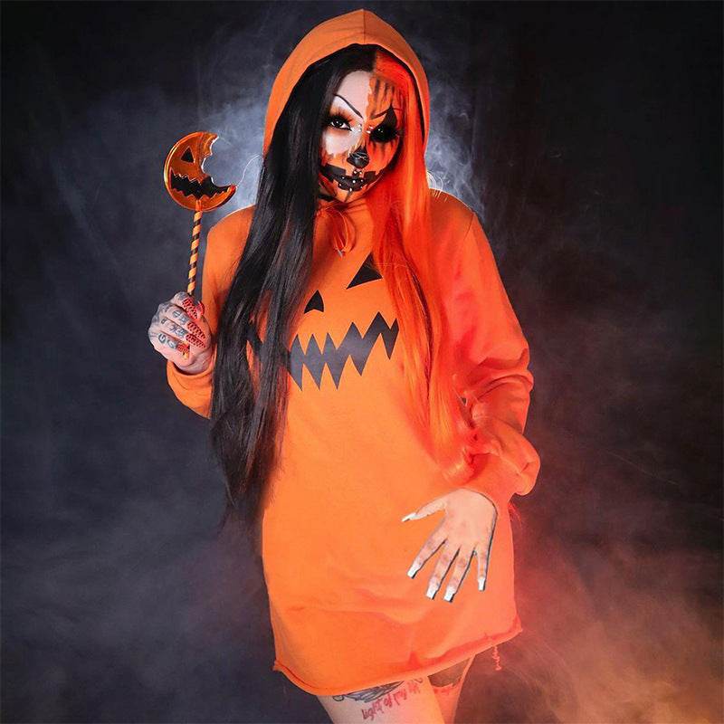 Halloween Costume Pumpkin Print Long Sleeve Hoodie Dress EX-STOCK