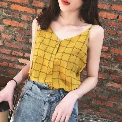 Casual sleeveless button down Chiffon  blouse top for women - EX-STOCK CANADA