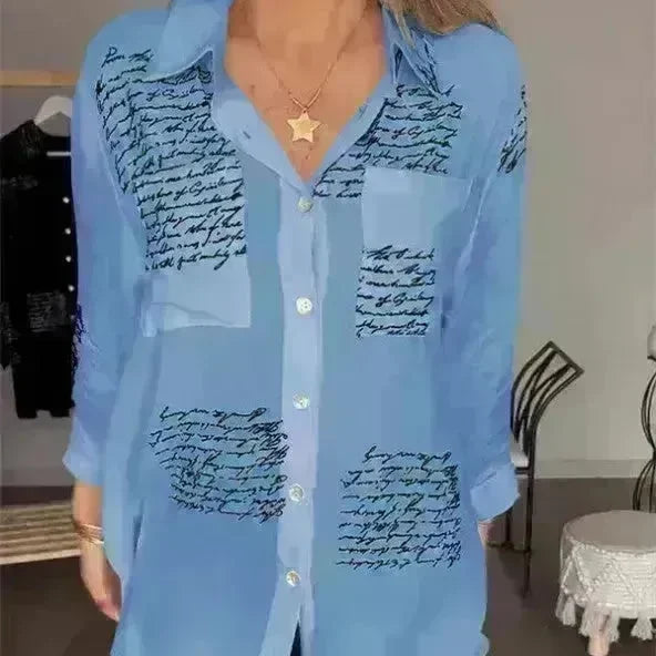 Letter Print Long Sleeve Shirt Fashion Commuter Style Lapel Shirt Women's Clothing - EX-STOCK CANADA