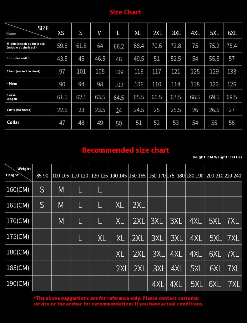 Size chart for clothing with measurements in centimeters and recommended size chart for height and weight.