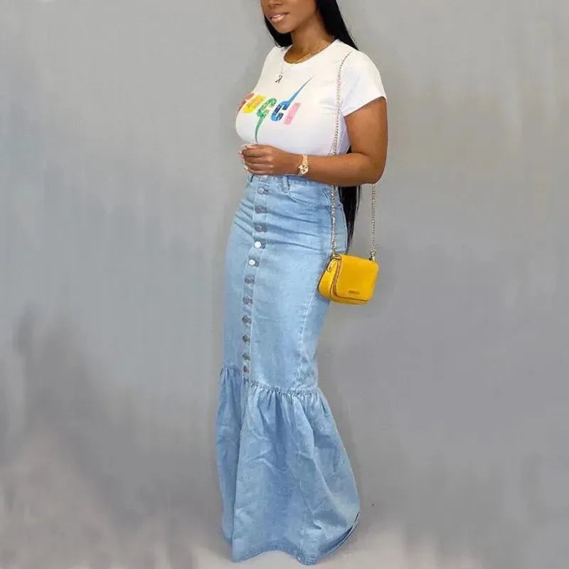 Women's Slim-fit Peplum Patchwork Long Denim Skirt fish tail style Jeans Skirt - EX-STOCK CANADA