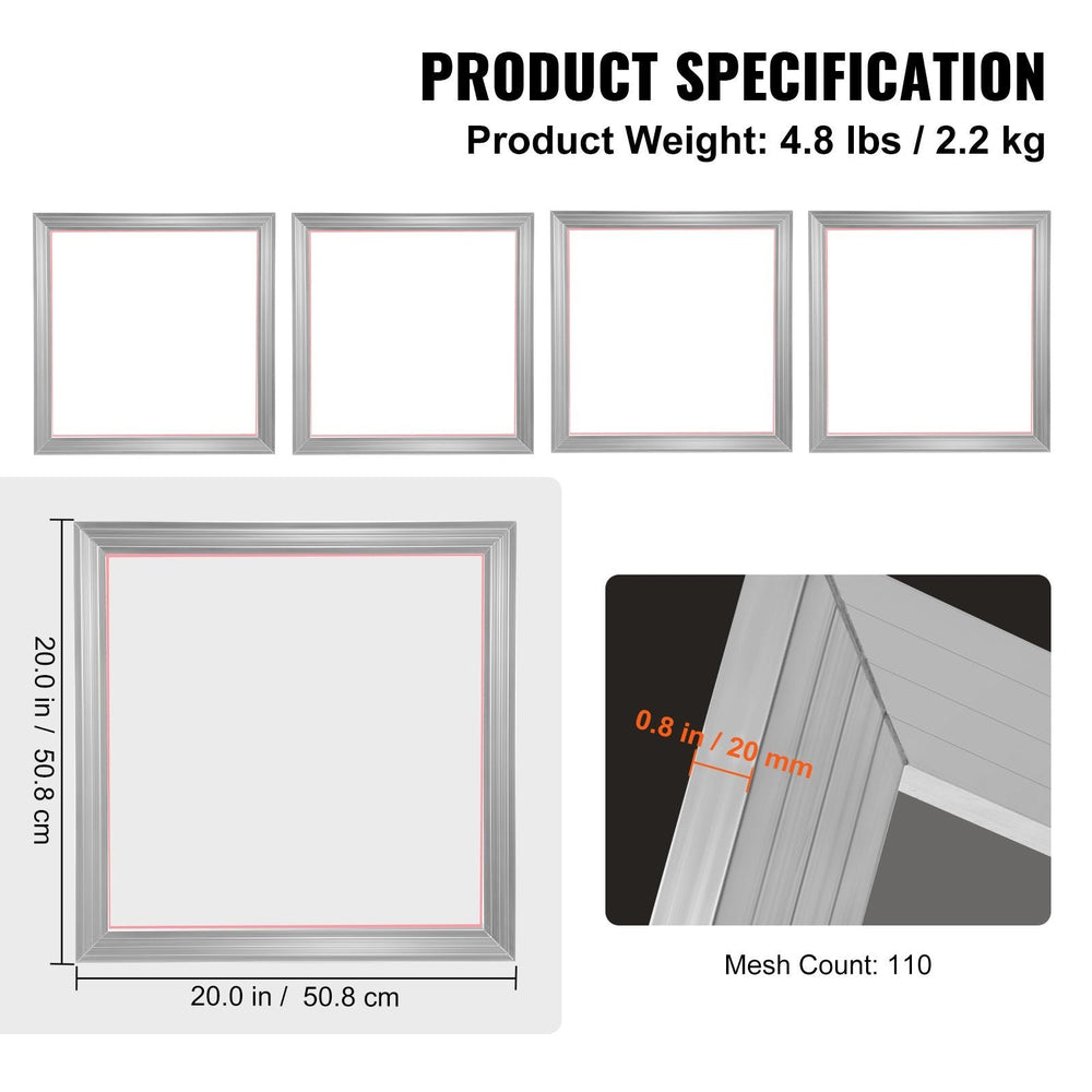 Screen Printing Kit, 4 Pieces Aluminum Silk Screen Printing Frames, 20x20inch Silk Screen Printing Frame With 110 Count Mesh, High Tension Nylon Mesh And Sealing Tape For T-shirts DIY Printing EX-STOCK
