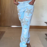 Women's Rhinestone Star Ripped Jeans – Light Blue Crystal Embellished Denim | Sizes XS–XL