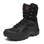Black tactical boot with a brand logo on a white background