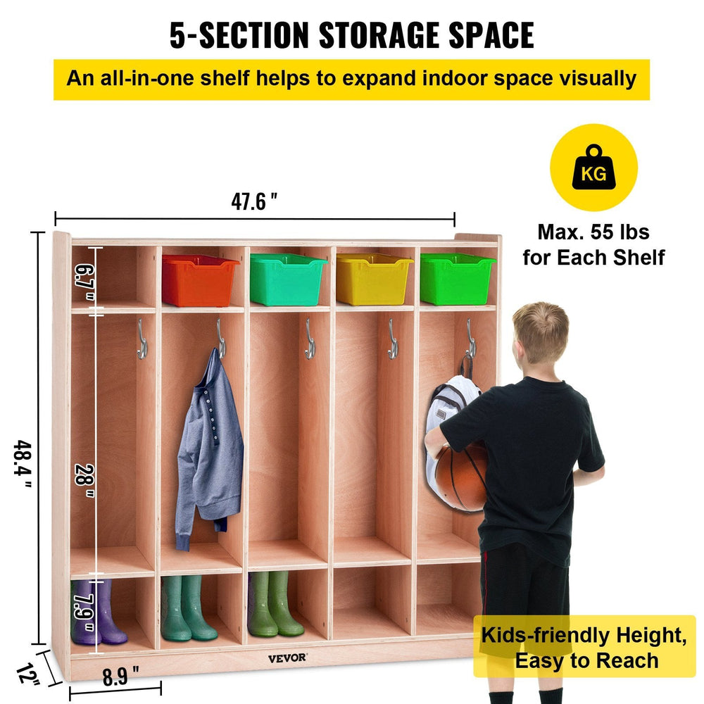 Preschool Cubby Lockers 5-Section Plywood Birch Coat Locker 15MM Thickness Kids Locker For Home 48.4 Inch High Durable Classroom Lockers For Toddlers And Kids Commercial Or Personal Use EX-STOCK