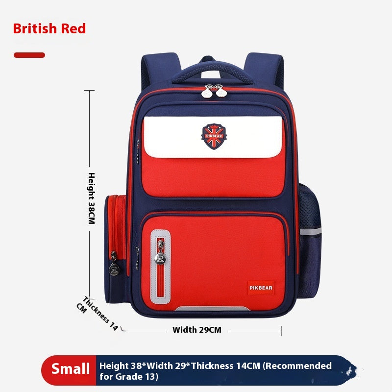 Red and blue backpack with measurements on a white background