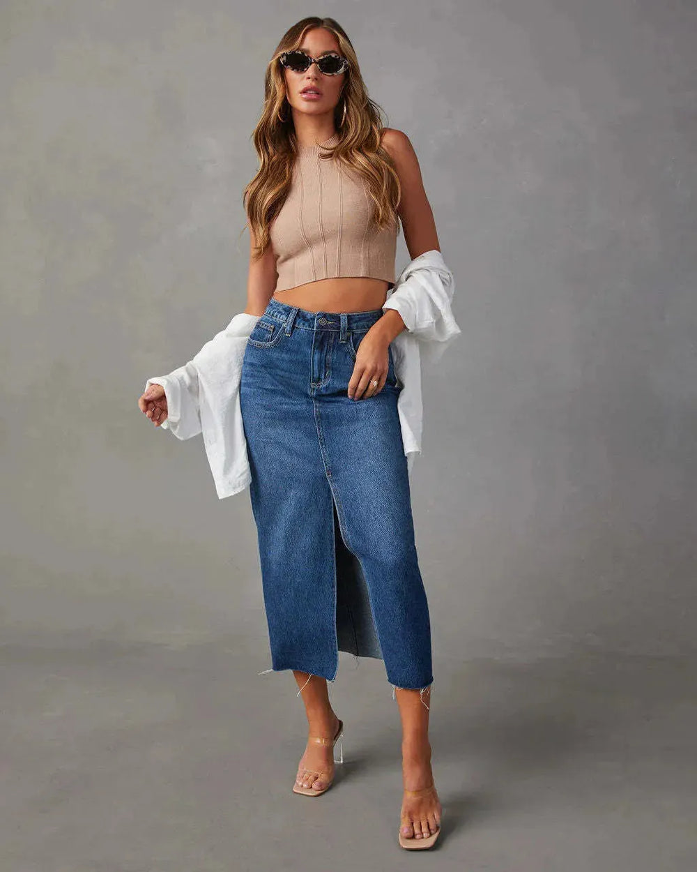 Women's Fashion Slimming front split Midi Denim Skirt - EX-STOCK CANADA