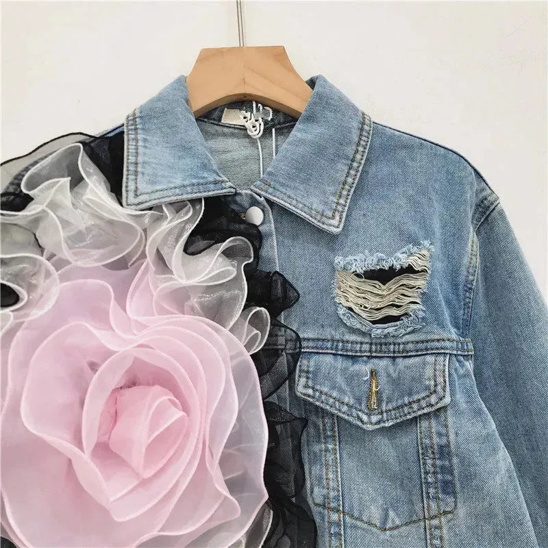 Elegant women fashion embroidered cropped Ripped blue Denim Jacket
