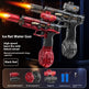 Red water gun with black accents on a dark background, featuring text and product details.