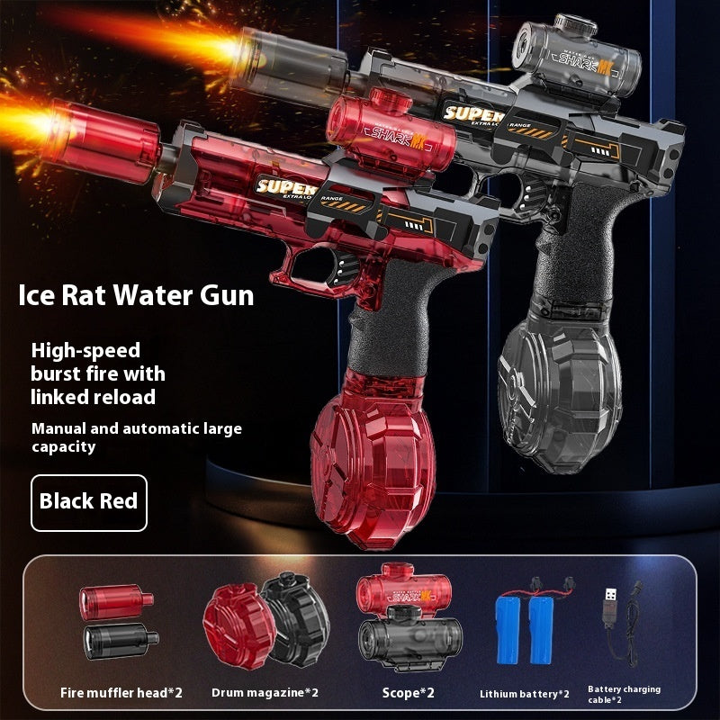 Red water gun with black accents on a dark background, featuring text and product details.