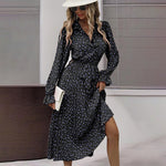 Women's Long Sleeve Midi Dress V Neck Button Down Belted A-Line Flowy EX-STOCK