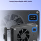 A black rectangular cooling fan module with a visible fan grille and small blue LED temperature display, shown on a light blue gradient background with marketing text about refrigerator chip temperature and LED display design.