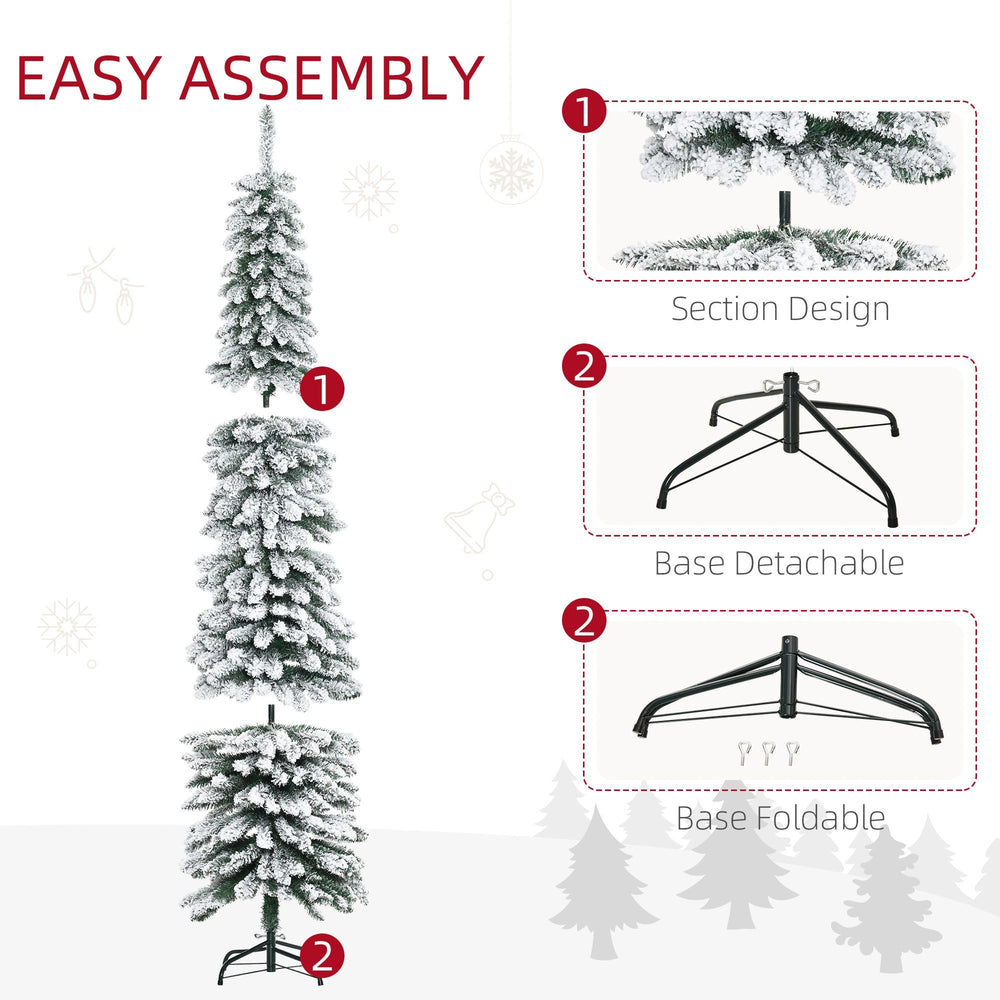 7ft Snow-Flocked Artificial Christmas Tree, Slim Pencil Xmas Tree With 490 Realistic Branches, Metal Base, Green EX-STOCK Canada 