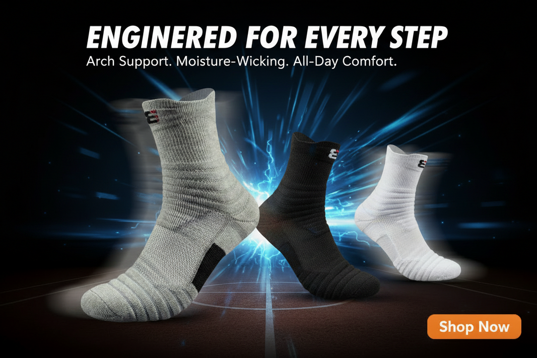 Three athletic crew socks in white, black, and gray are shown floating against a dark background with orange light effects and the text 'PERFORMANCE ENGINEERED' and a 'Shop Now' button.