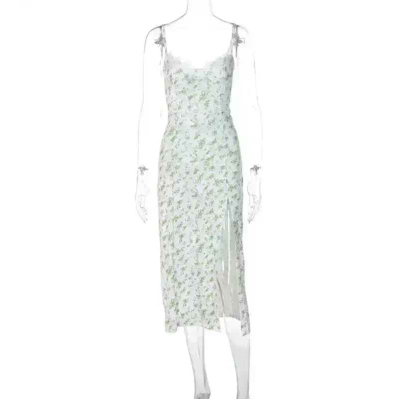 Women's Floral Spaghetti Strap Cami Dress Lace Trim Side Slit Bodycon Midi summer Dress - EX-STOCK CANADA