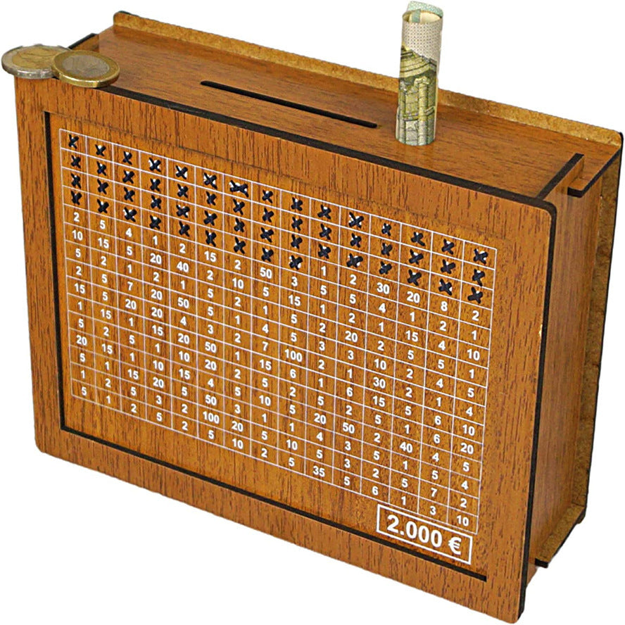 Wooden lottery board with numbers and a slot for coins or bills on a white background