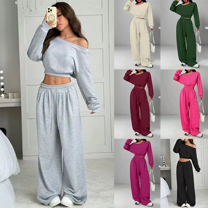 Women's Multi-Colour 2-Piece Off-Shoulder Loungewear Set, Cropped Long-Sleeve Top and Wide-Leg Pants, S–2XL