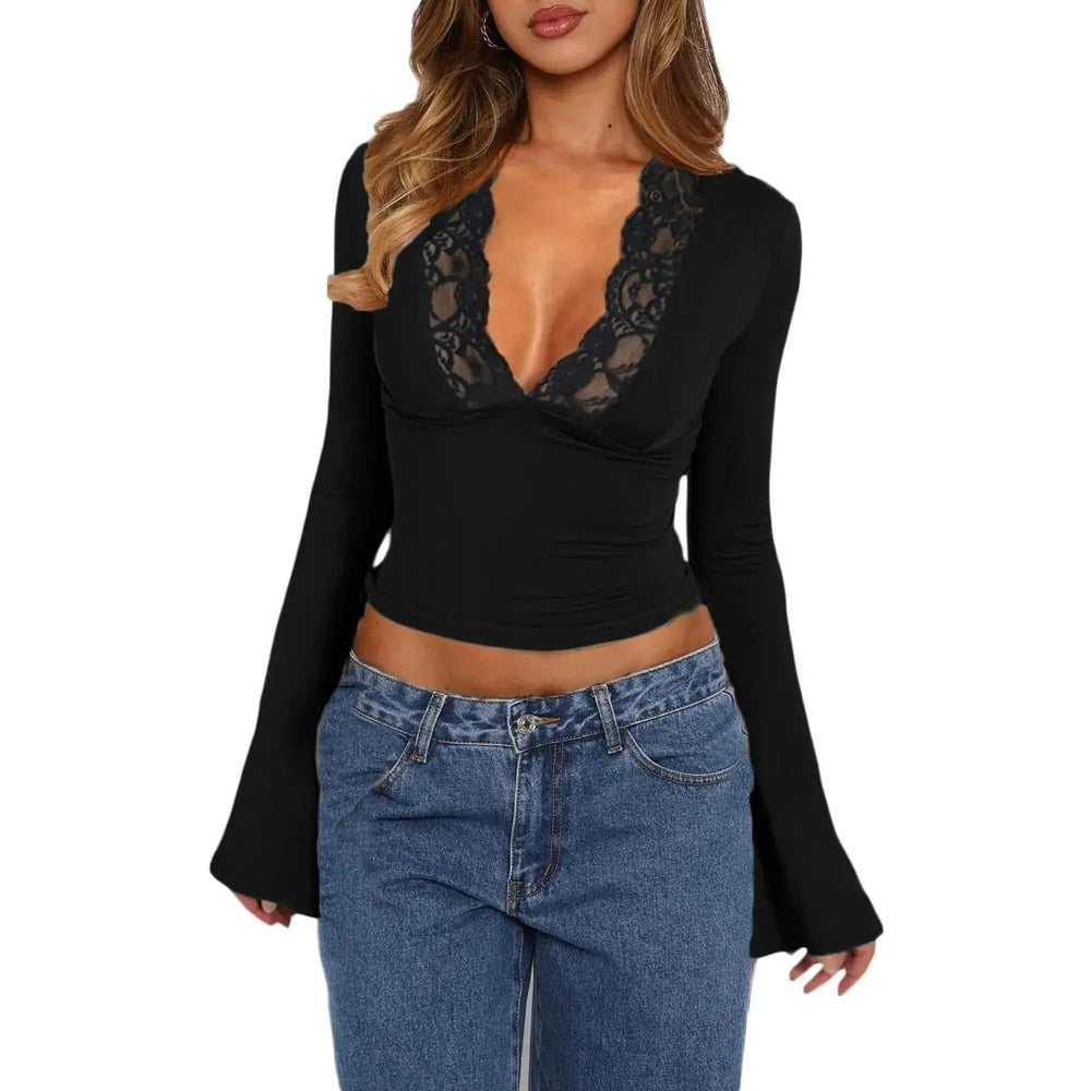 Slim V-neck Lace Ins Fashion Trumpet Sleeve Long-sleeved tank Top Women Clothing - EX-STOCK CANADA