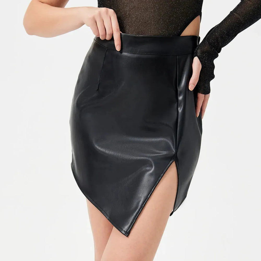 High Fashion Hot Girl Mid Waist Mini Split leather Skirt - EX-STOCK CANADA