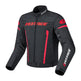Black motorcycle jacket with red accents and 'Iron Ride' branding on a white background