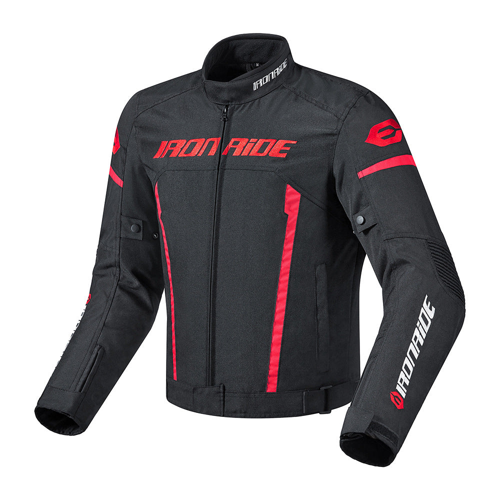 Black motorcycle jacket with red accents and 'Iron Ride' branding on a white background
