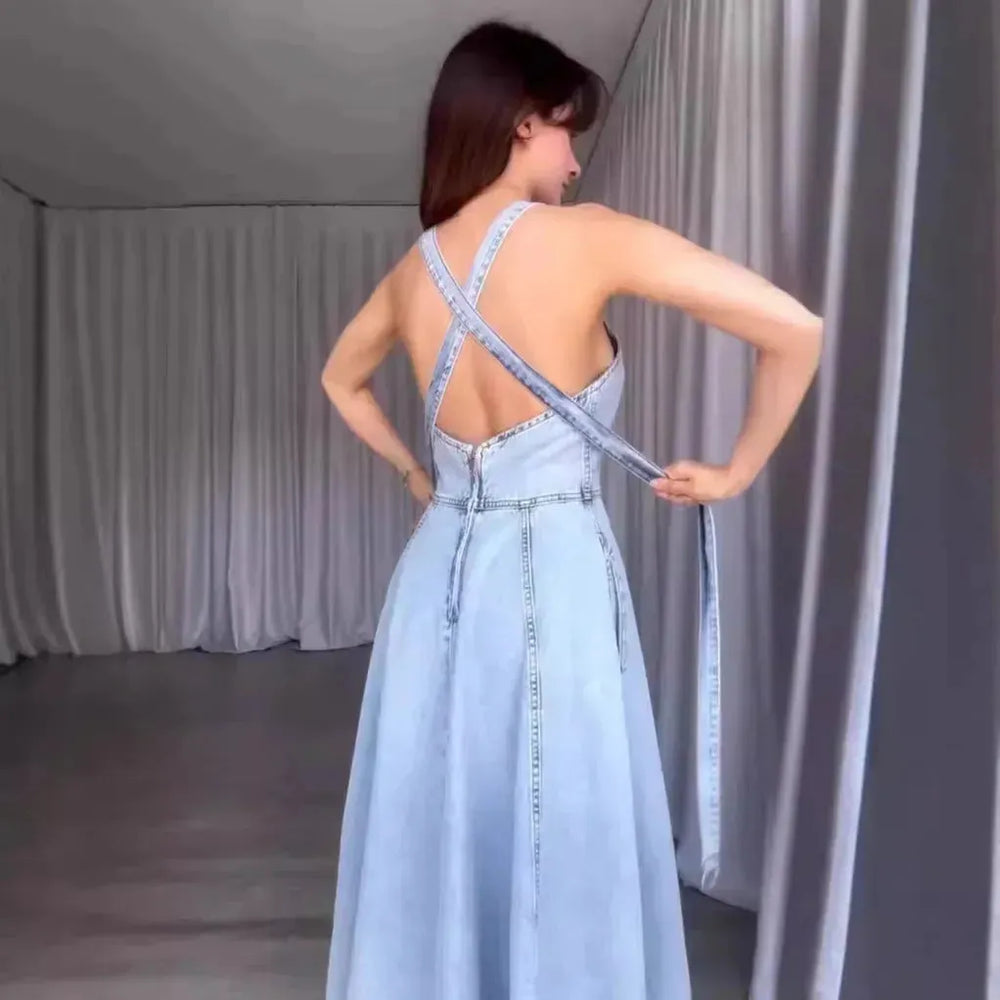 Sexy Denim Tied Spaghetti-strap Dress - EX-STOCK CANADA