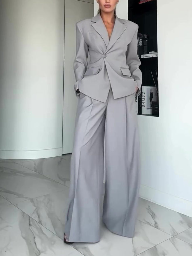 Women's Grey Single-Button Blazer & Wide-Leg Pants Suit – 2-Piece Office Set | Sizes XS–XL 2
