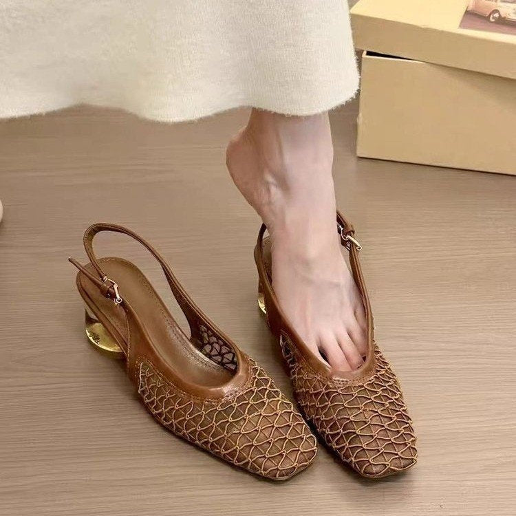 Sandalias Mary Jane femeninas de malla con punta cuadrada retro francesa 2025 y tacón grueso hueco 