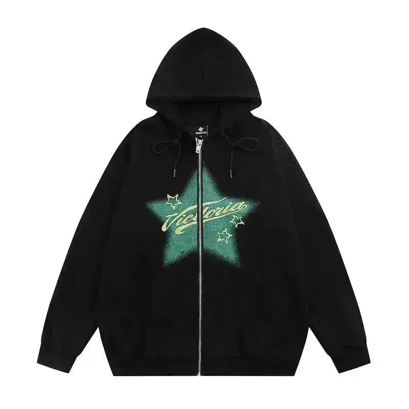 American street Star Printed Hoodie Cardigan unisex for fall winter - EX-STOCK CANADA