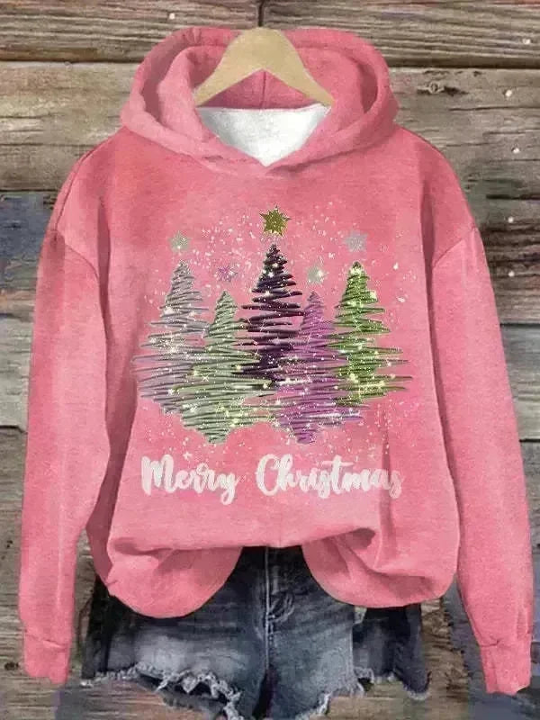 Round Neck Hooded Long Sleeve Four Christmas Trees Loose Hoodie Sweatshirt - EX-STOCK CANADA