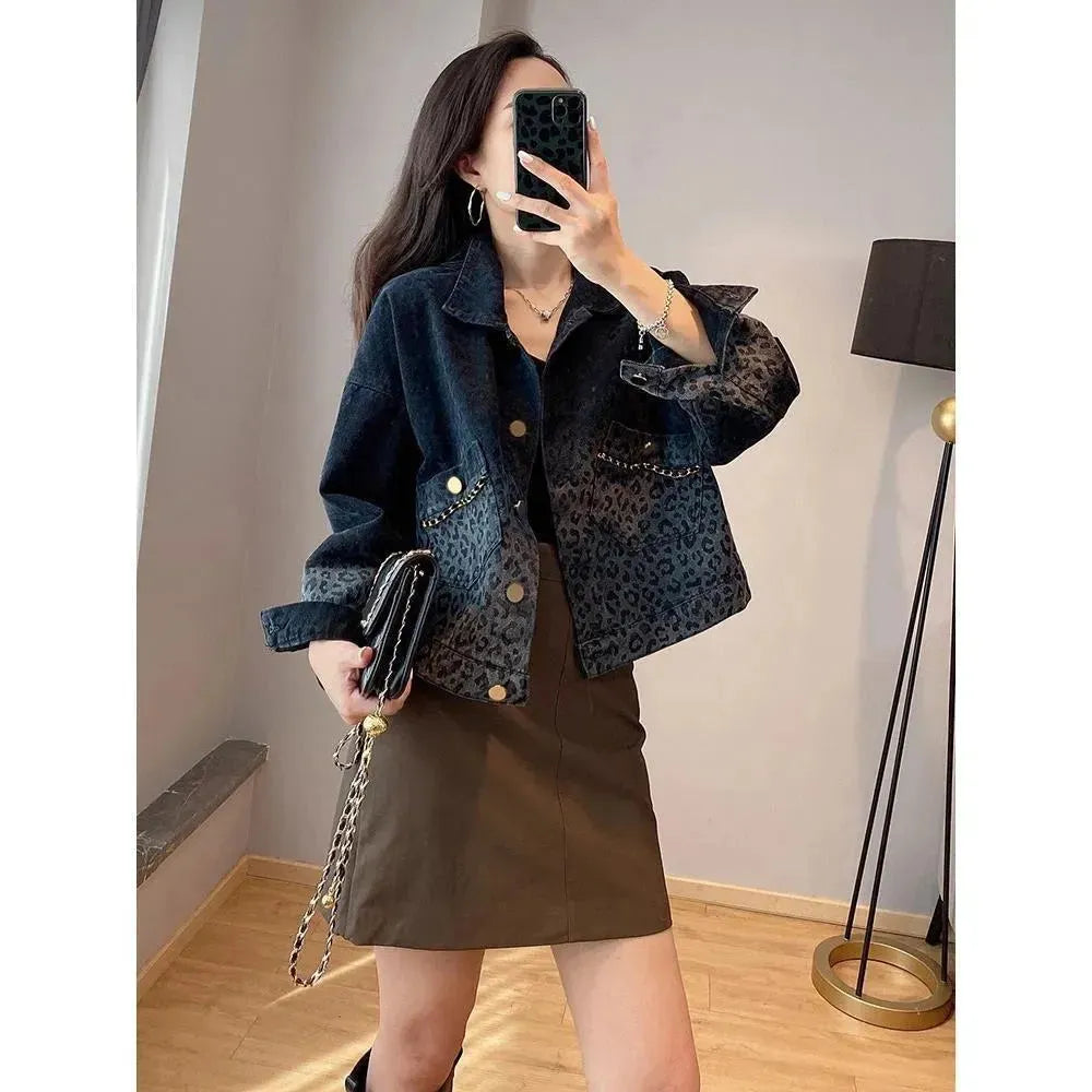 Black Retro Leopard Print Denim Jacket For Women - EX-STOCK CANADA