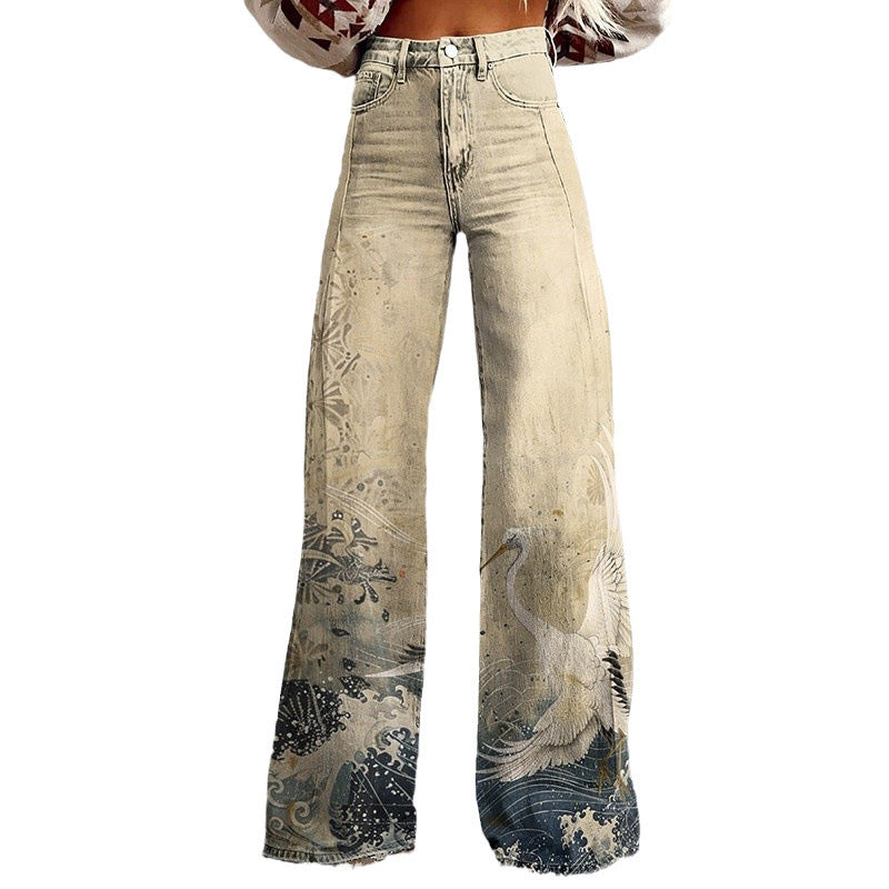 Thermal Transfer Bell-bottom Pants Simulation Denim Trousers Loose Pants 