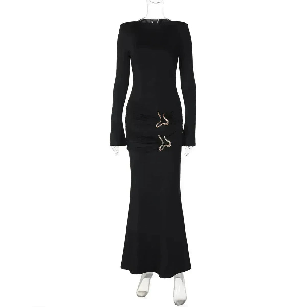 Fashion Round Neck Slim Fit Long Sleeve Bodycon Black Dress - EX-STOCK CANADA