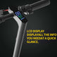 Close-up of an electric scooter handlebar with an LCD display and text highlighting its features. D01 Foldable Electric Scooter – 350W Motor, 40km/h, 30–40km Range