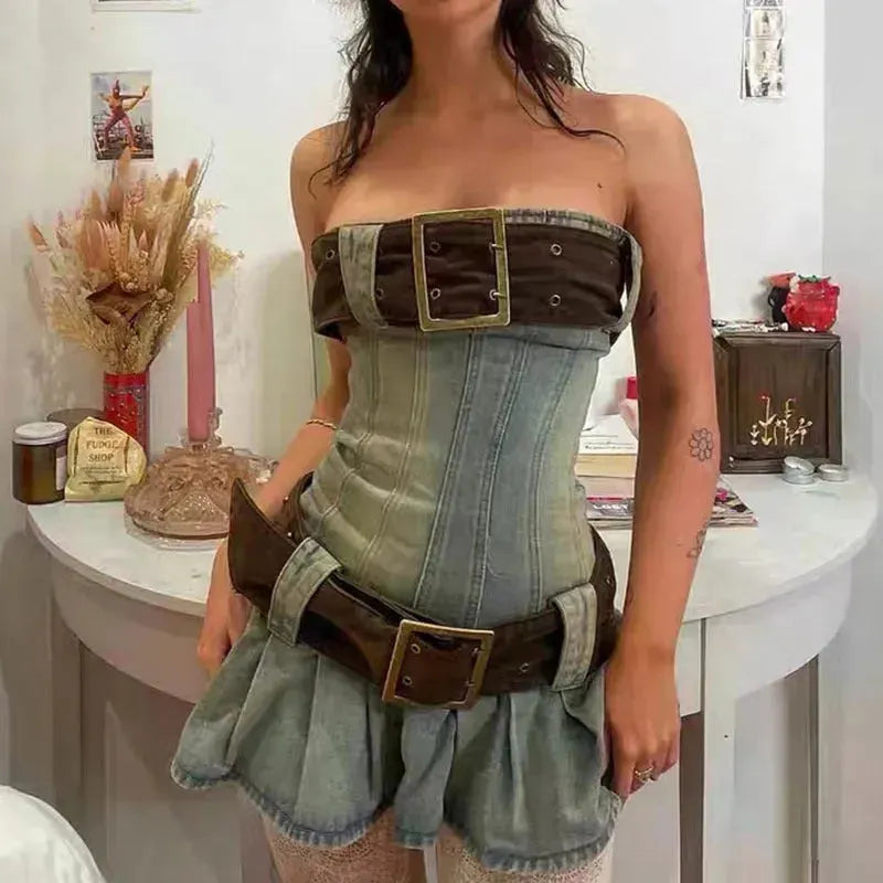 Women's Fashion Strapless Tube Top Mini Denim Club Dress - EX-STOCK CANADA