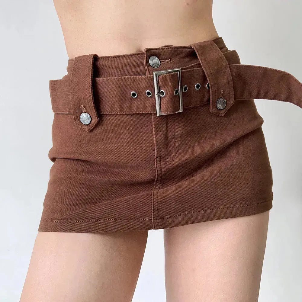 American Retro Wide Waistband Denim Mini Skirt with Belt - EX-STOCK CANADA