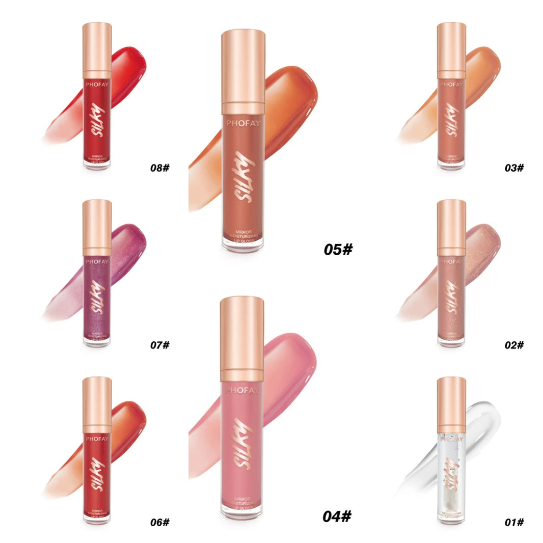 Collection of lip glosses with visible shades and brand name on a white background