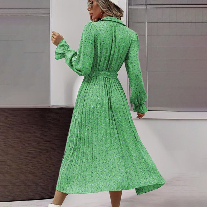 Women's Long Sleeve Midi Dress V Neck Button Down Belted A-Line Flowy EX-STOCK