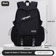 Black backpack with measurements and brand name on a gray background