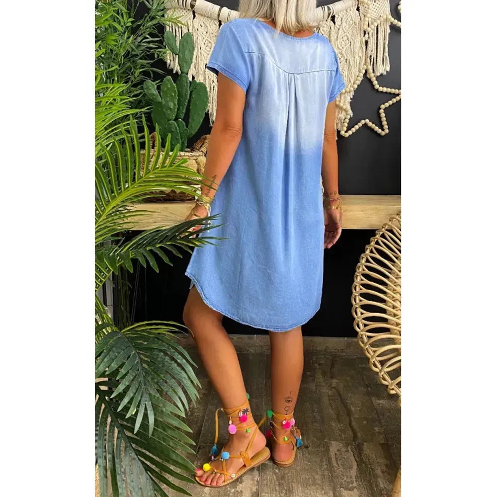 Round Neck Pleated Loose Solid Color Casual Plus Size Denim Dress - EX-STOCK CANADA