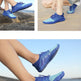 A three-panel collage showing a person wearing blue athletic shoes outdoors on rocks and sand. The top-left panel includes small text reading 'Sports and fitness equipment'; the shoes are the product and are clearly visible in all panels.