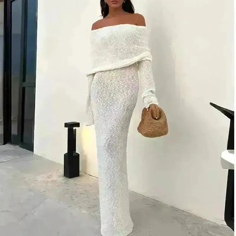 Robe à épaules déroutantes de style français robe longue à manches longues