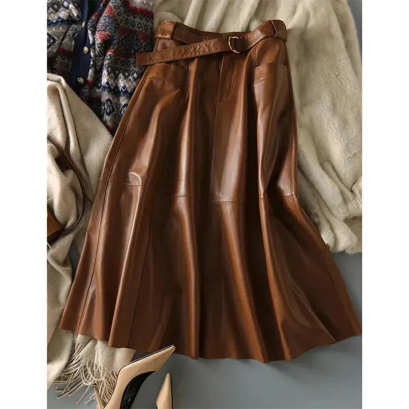 Fashion Retro All-match A- Line High Waist  Formal Office Work Midi Faux Leather Skirt - EX-STOCK CANADA