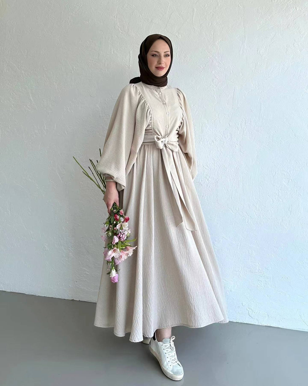 Muslimische Mode Anzug Bischofärmel Oberteil Schwingendes Midikleid Set - EX-STOCK Canada