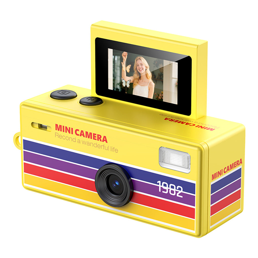 Yellow mini camera with a screen displaying a woman, on a white background