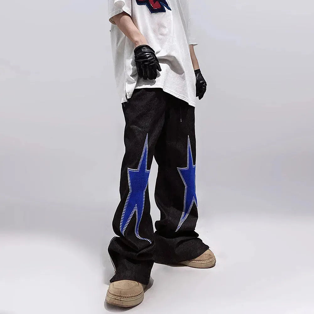 Five-pointed Star Embroidery Denim Horn Loose Straight Casual All-match Mop Jeans Baggy Trousers Men